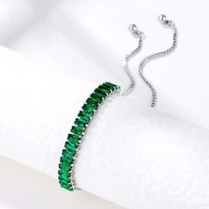 Emerald Tennis Bracelet Baguette Emerald Silver Adjustable Bracelet Elegant New